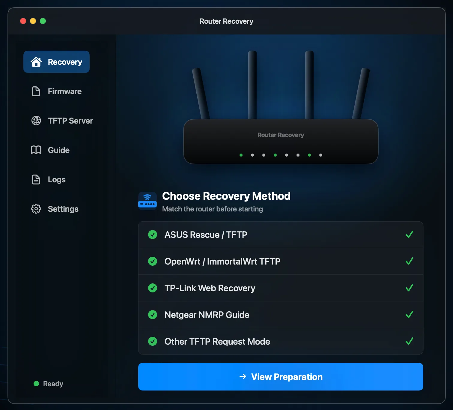 Router Recovery 2.1 recovery method selection interface